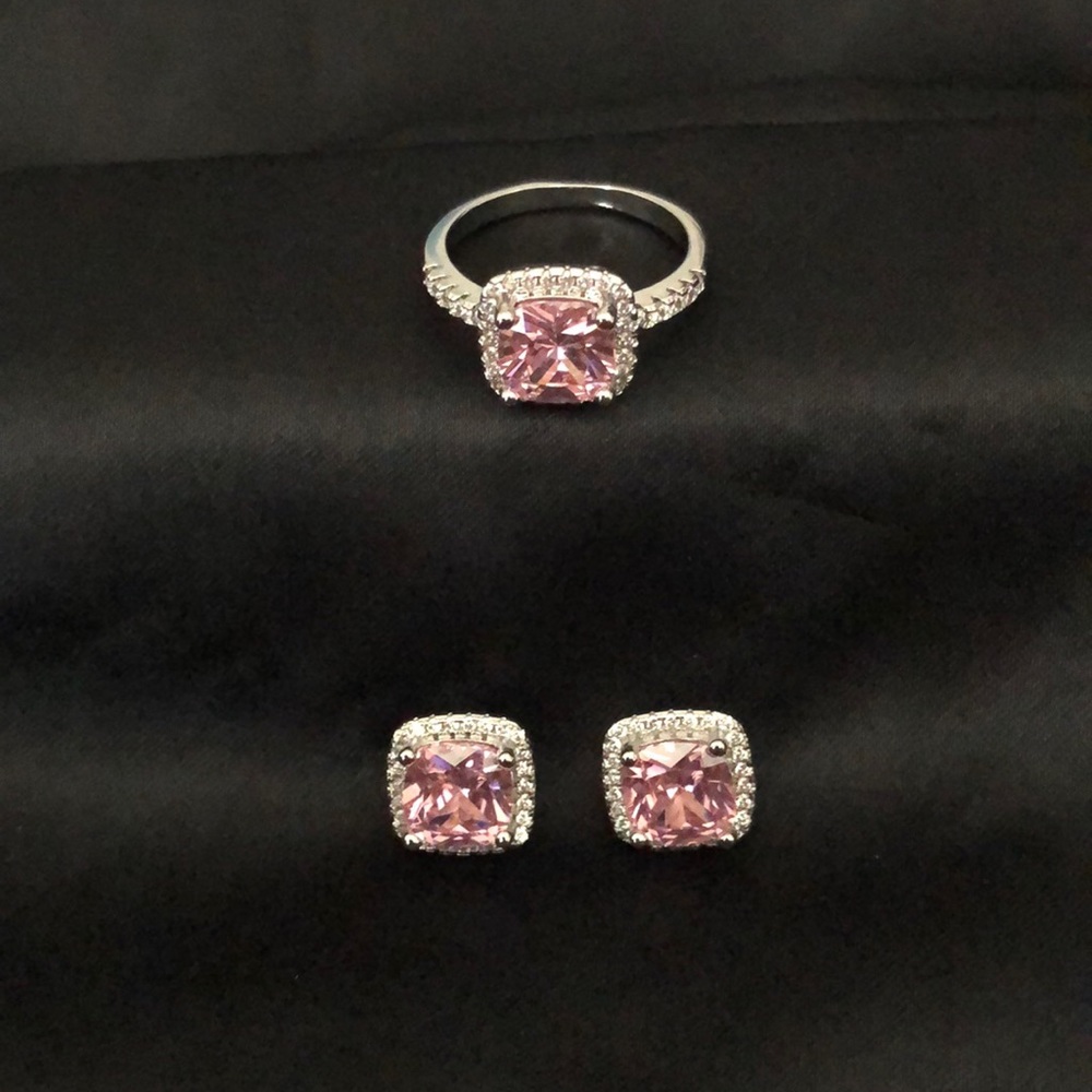 Pink Cushion Cut Ring & Earring Set